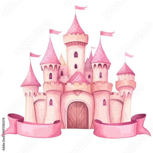 Fairy tale design for girls, consisting of a hand-drawn watercolor illustration of a pink princess castle, incorporating a ribbon for the inscription