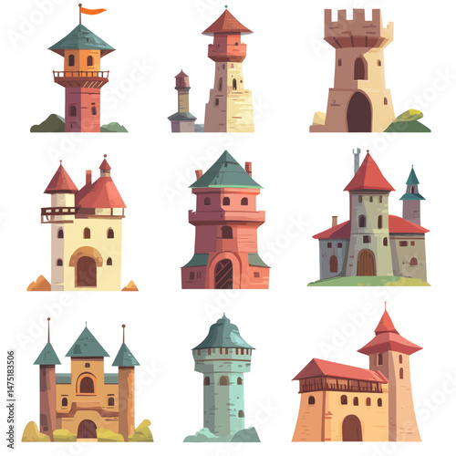 A set of old castle towers, including medieval fortresses, magic fantasy castles, and isolated turrets with ramparts and windows, showcased in a modern illustration