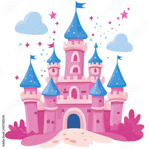 In a modern cartoon setting, a fairy tale pink princess castle takes center stage, surrounded by a magical kingdom and medieval royal mansion architecture, all in png clipart icons isolated on white