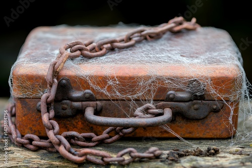 Rusty chain-linked suitcase covered in cobwebs on wooden surface
