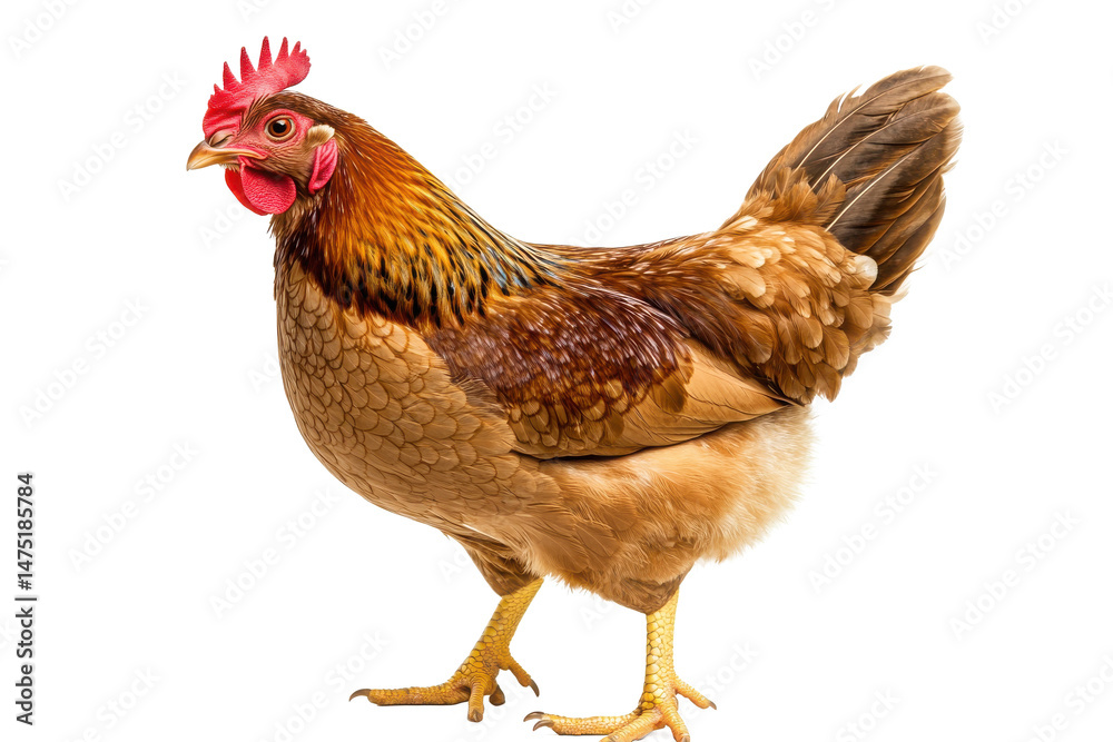 Fototapeta premium Photorealistic Rooster with Red Crest and Brown Feathers Standing Pose Transparent Background.