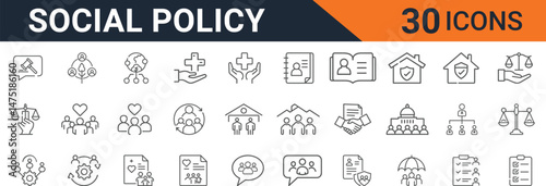 Social Policy Line Icons Set. Government Services, Equality, Community Support, Family Care, Human Rights, and Welfare Symbols for Public Policy, Editable Stroke, Resizable and Recolorable.