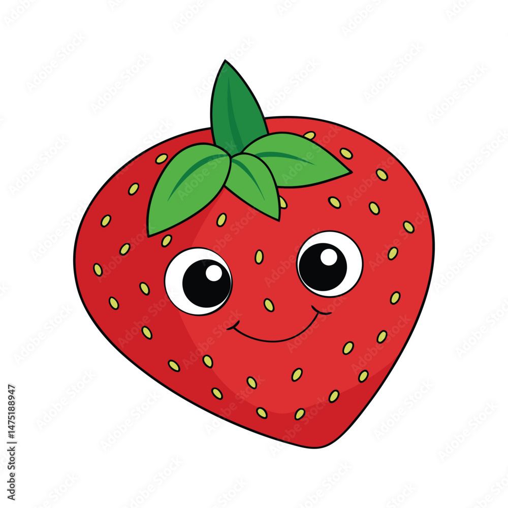 Obraz premium Cute Smiling Strawberry Cartoon – Whimsical Flat Vector Illustration