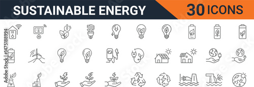  Sustainable Energy Line Icons Set. Green Energy, Eco Power, Solar, Wind, Battery, Light Bulb, Recycling and Renewable Resources, Editable Stroke, Change to Any Size and Any Color