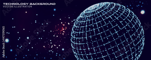 A glowing neon digital sphere composed of luminous dots and grid lines floating in deep space. Vector. Abstract representation of artificial intelligence, global connectivity, and futuristic