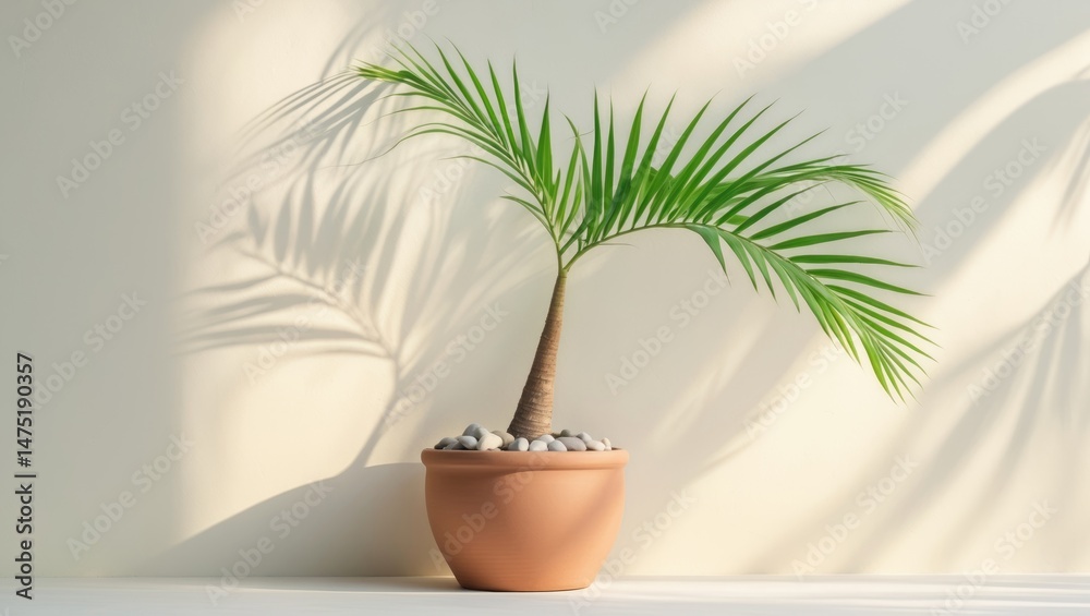 Obraz premium Tiny palm tree leaves cast shadow on a clay pot's top half, showing rounded stones and blank space on the left side.