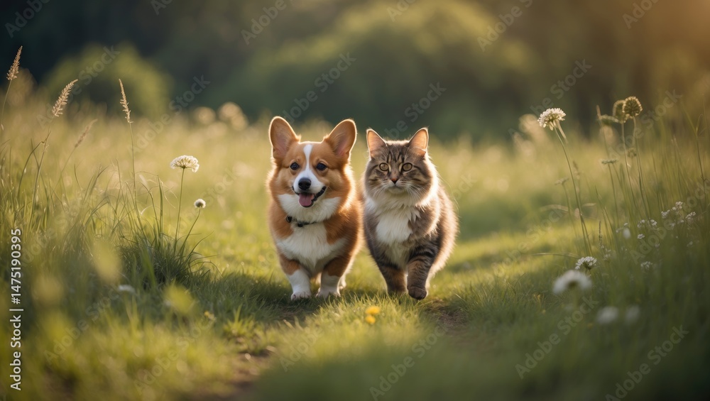 Naklejka premium Cute cat and corgi enjoying a fun day in the green meadow