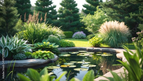 Lush backyard landscape incorporating water, rocks, and ornamental plants