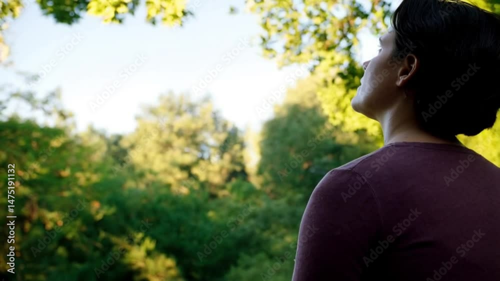 Man looking away toward sunny clearing filled with bright green trees and soft shadows on the grass. Concept of peace and contemplation Man looking away toward sunny clearing filled with bright green trees and soft shadows on the grass. Concept of peace and contemplation