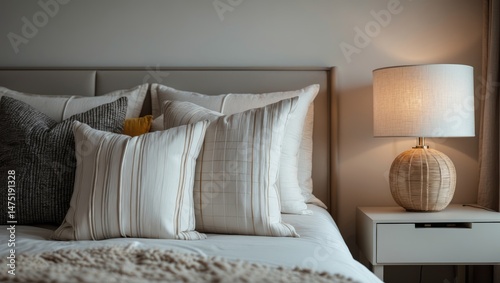 Soft pillows and a bedside lamp complement a comfortable bed in the bedroom
