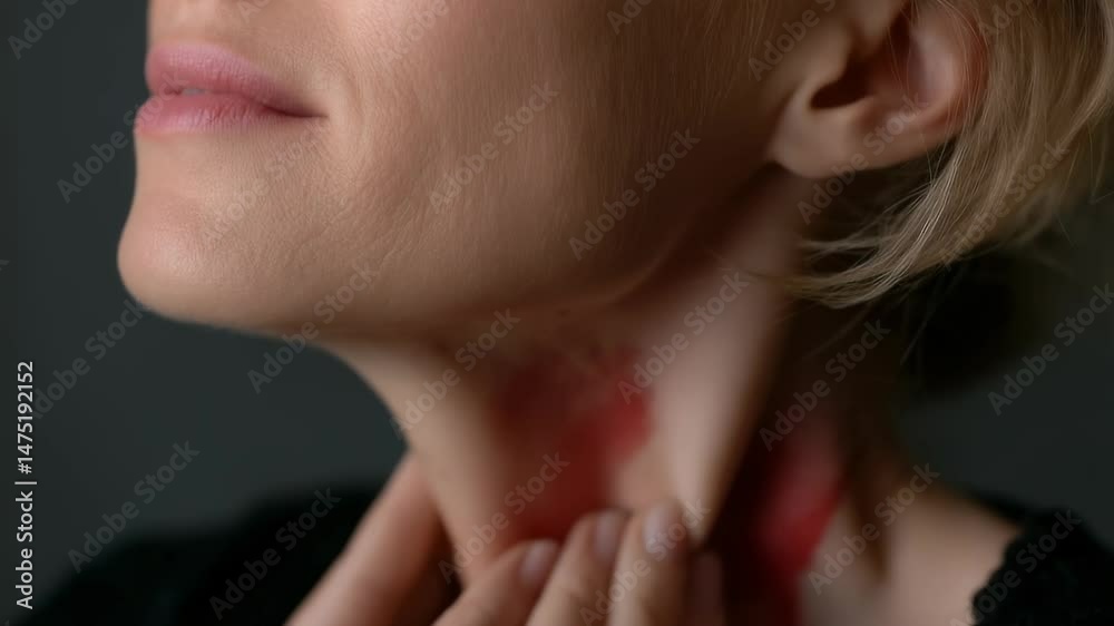 Throat discomfort: inflammation symbol, red glow, viral infection, sore sensation, thyroid issues, micro-nodules, tonsil pain, cold symptoms, health challenge, vocal distress, respiratory condition.