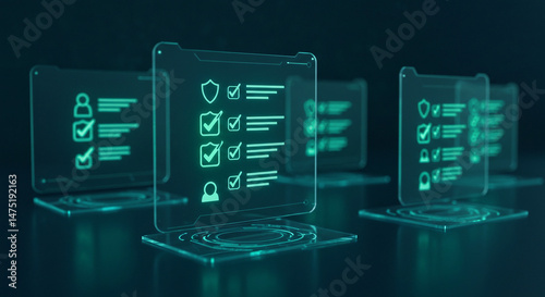 Several translucent digital checklist icons with checkmarks hover above a dark teal surface, conveying compliance or task management.