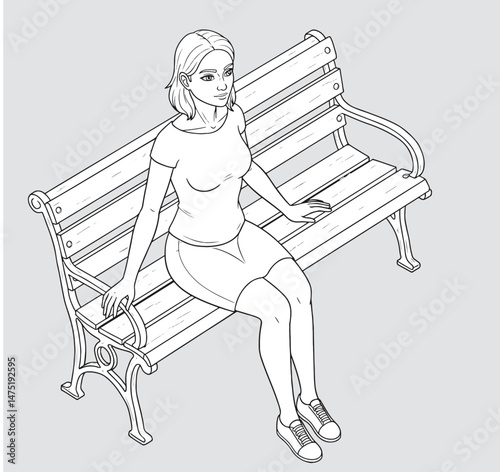 young woman sitting on a bench_Axonometric view