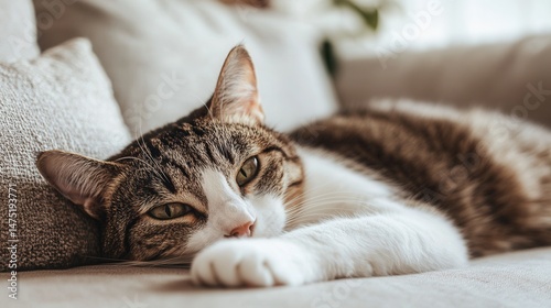 Wallpaper Mural Cat lounging in minimalist living room, Scandinavian design, neutral tones, peaceful atmosphere  Torontodigital.ca