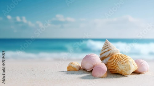 Calm Seashells on Sandy Beach with Serene Ocean and Blue Sky in Natures Tranquil Scene