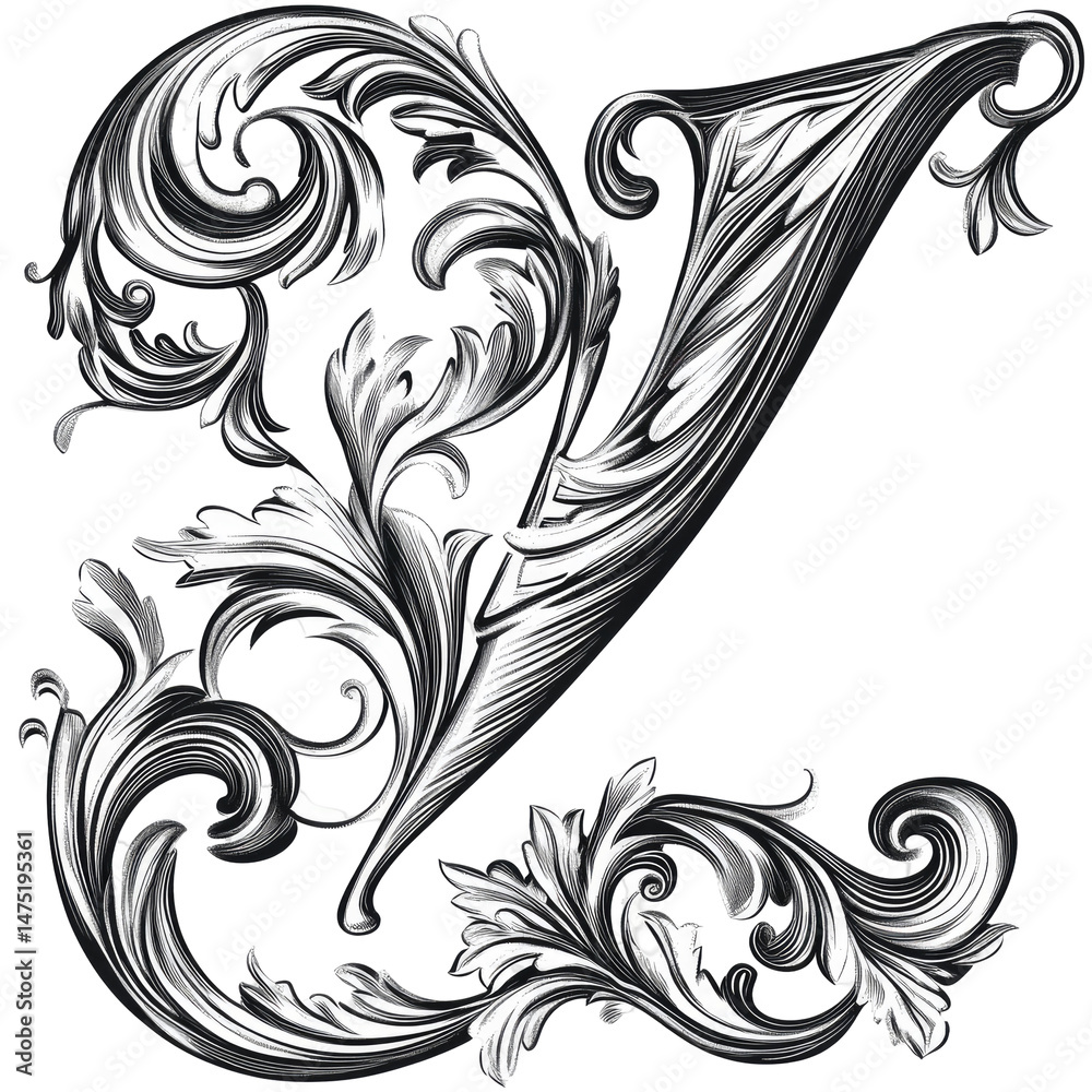 Fototapeta premium Ornate Letter Design on Transparent Background featuring white floral elements with intricate details and elegant flourishes.