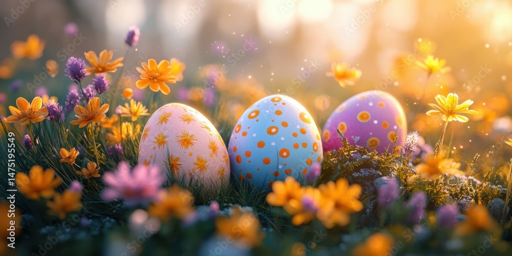 Fototapeta premium Colorful decorated eggs nestled among vibrant spring flowers during a sunny afternoon in a garden setting