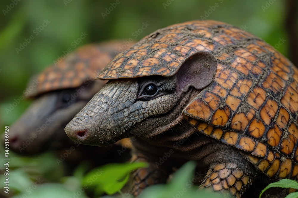 Fototapeta premium Two armadillos posing in the green undergrowth are visible