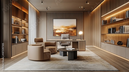 A cozy 3D home office scene with warm lighting, sleek furniture, and natural textures.
