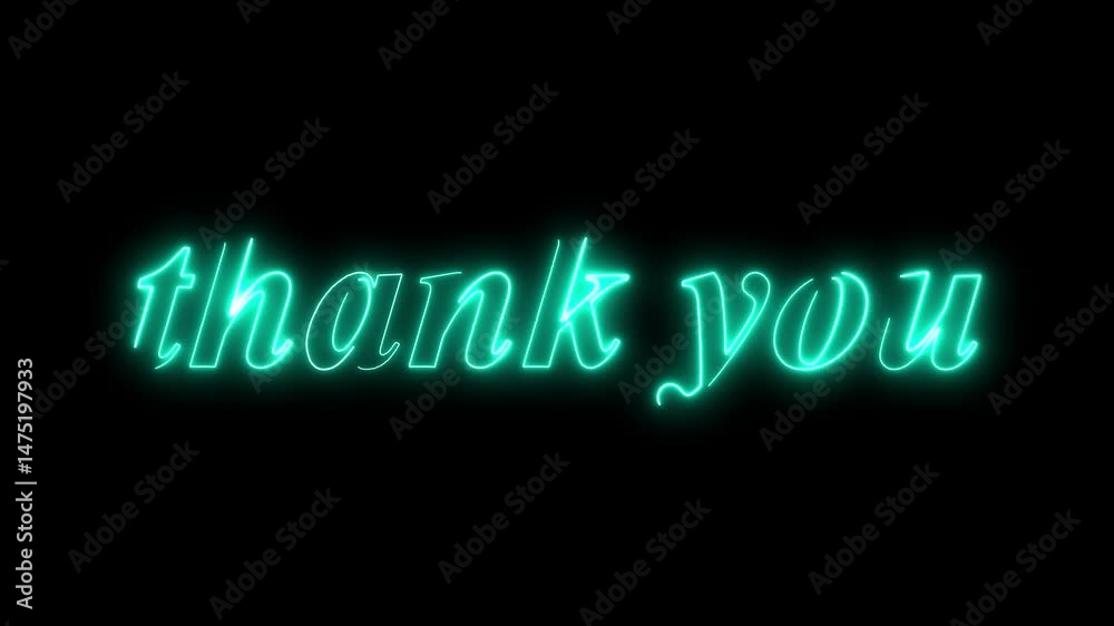 thank you text. neon tosca light effect motion animation, on black background, 4k resolution footage
