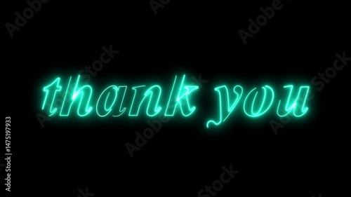 thank you text. neon tosca light effect motion animation, on black background, 4k resolution footage