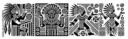 pre-columbian tribal mask vector illustration in ethnic monochrome style