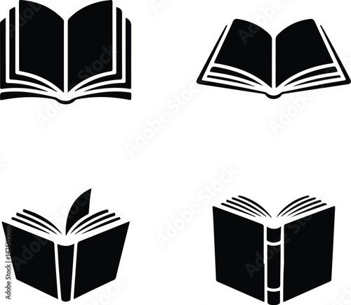 Open Book Silhouette Set | Reading, Learning, and Knowledge Icons Book Silhouette Collection | Education and Library Symbol Pack