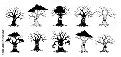 trees in different seasonal and spooky styles in black and white vector set