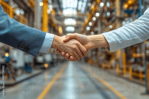 Two people completing a handshake in a large industrial space