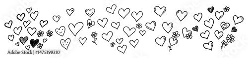 hand drawn heart doodles border in black and white outline style