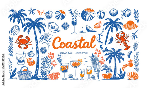 Modern vector illustration in a hand-drawn minimalist coastal lifestyle theme. easily scalable and editable.