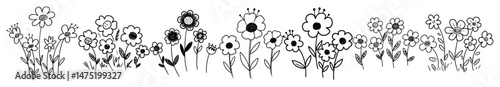 flower border set in minimal black and white outline vector style