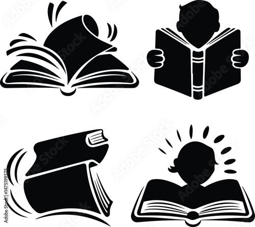 Open Book Silhouette Set | Reading, Learning, and Knowledge Icons Book Silhouette Collection | Education and Library Symbol Pack