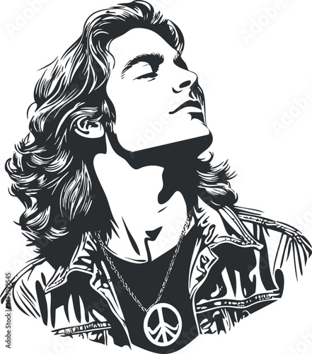 Black and white vector illustration of a young man with long hair wearing a denim jacket and a peace symbol necklace in profile view.