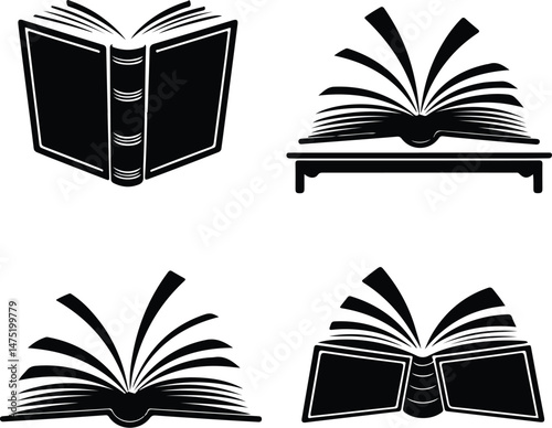 Open Book Silhouette Set | Reading, Learning, and Knowledge Icons Book Silhouette Collection | Education and Library Symbol Pack
