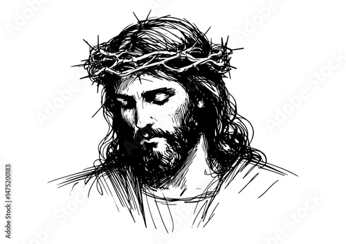 jesus with crown of thorns in engraved black and white vector style