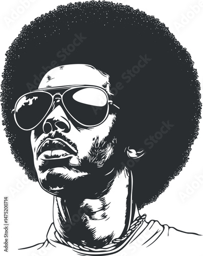 Black and white vector illustration of a man with an afro hairstyle wearing sunglasses showing cool retro style and confident expression.