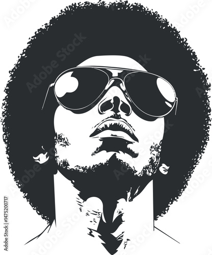 Black and white vector illustration of a man with afro hairstyle wearing aviator sunglasses looking confident