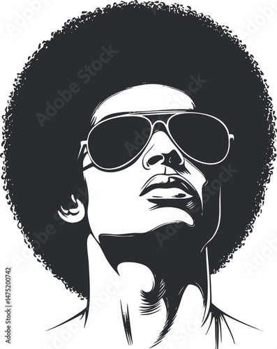 Black and white illustration of a confident man with afro hairstyle wearing sunglasses in retro style