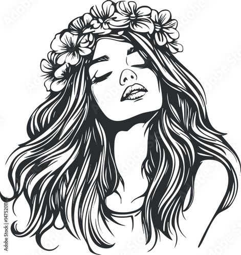 Black and white illustration of a serene woman with long hair and a flower crown on her head