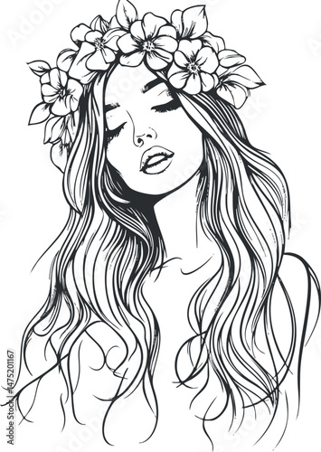 Black and white sketch of a young woman with long hair and a floral wreath on her head