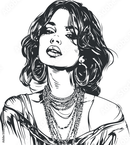 Black and white sketch of a stylish woman wearing multiple necklaces and hoop earrings, showing confidence and glamour.