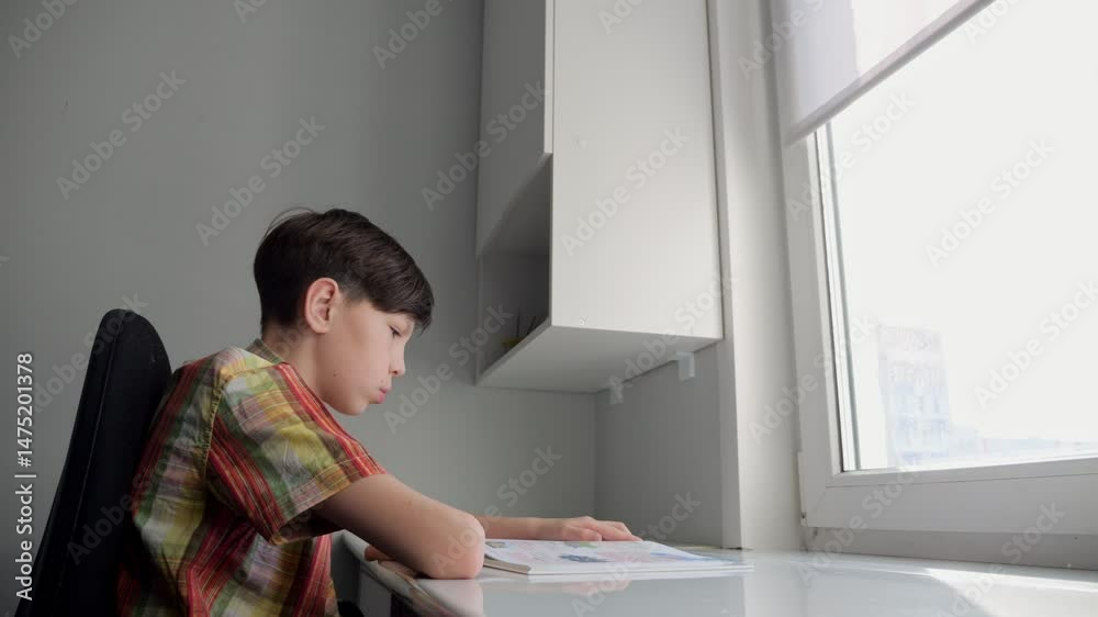 Young student reading a book near a window Young student reading a book near a window