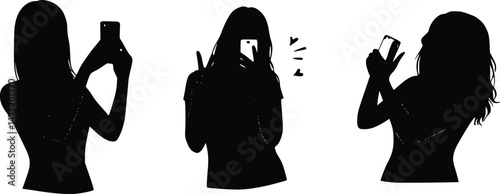 set of Silhouettes of Women Taking Selfies with Smartphones