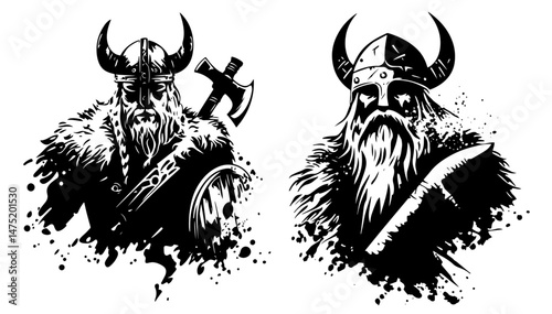 viking warrior portraits in grunge ink splatter black and white vector style