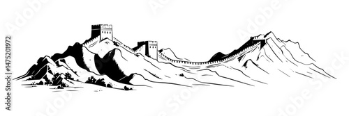 great wall of china in mountains detailed black and white vector illustration