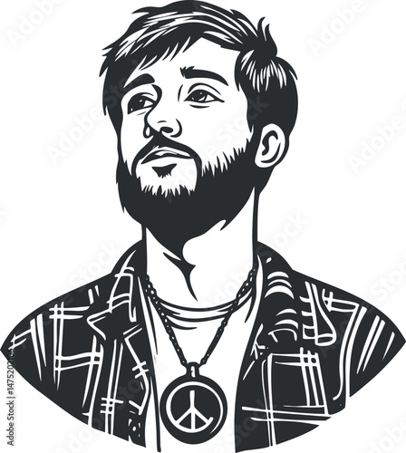 Black and white vector illustration of a confident young man with beard wearing a peace symbol necklace and casual jacket