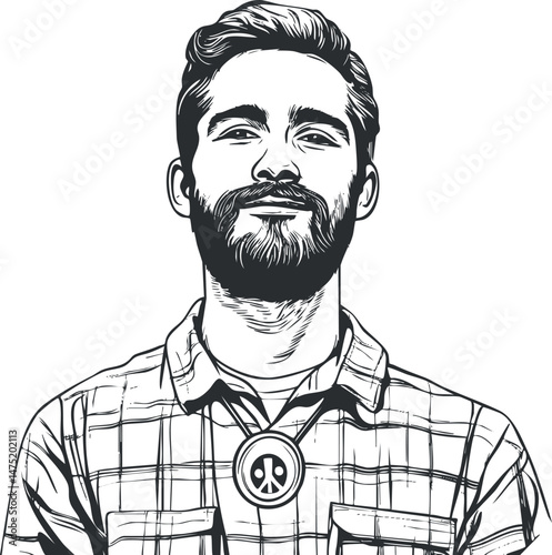 Illustration of a confident young man with beard wearing plaid shirt and peace symbol necklace