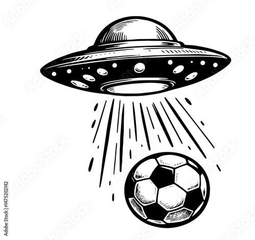 ufo abducting soccer ball in humorous black and white vector illustration