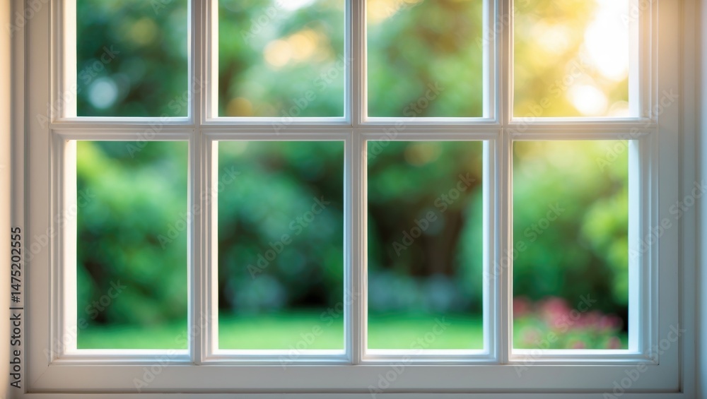 Fototapeta premium Window view showcasing a green garden.